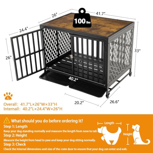 LUCKUP Heavy Duty Dog Crate Furniture for Medium Large Dogs, Indoor Kennel with Trays, Lockable Wheels, 42 inch Black N937