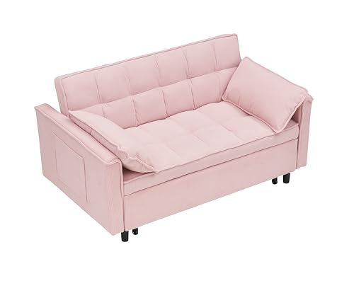 Corduroy Pull-Out Sofa Bed with Side Pockets, Beige D24389