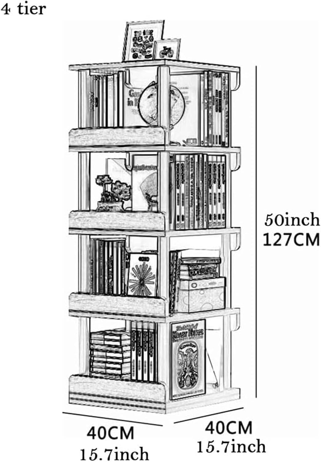 Flexible Bookcases 360° Rotating Bookshelf Wooden Square Standing Bookcase T6235