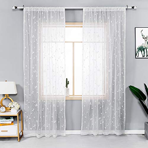 AmHoo 2 Panels Embroidered Leaf Semi Sheer Curtains for Bedroom Living Room, White Taupe 53 x 84 Inch A965410