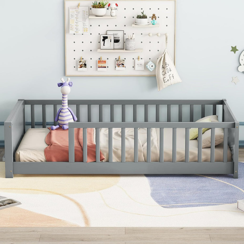 Montessori Floor Bed with Safety Guardrails, Twin Size Solid Pine Wood, Grey P6015