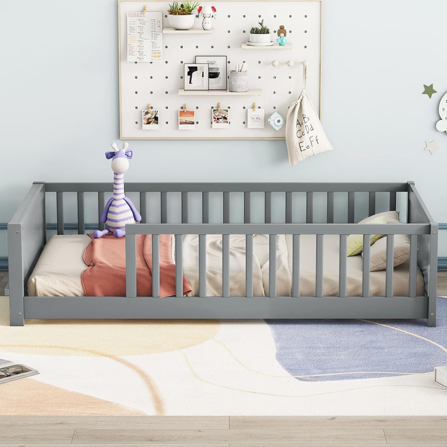 Montessori Floor Bed with Safety Guardrails, Twin Size Solid Pine Wood, Grey P6015