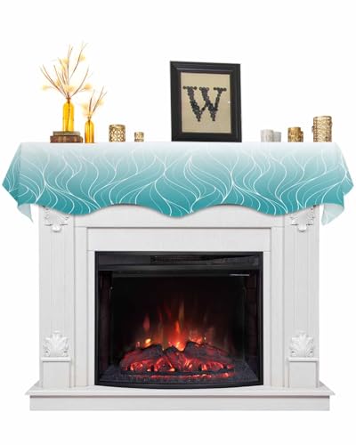 Fireplace Mantel Scarf Top Runner Ombre Teal Blue Modern Geometric White Striped Design Mantel Cover Runner Table Runner for Kitchen Window Holiday Home Living Room Decorations 60 x 17 Inches