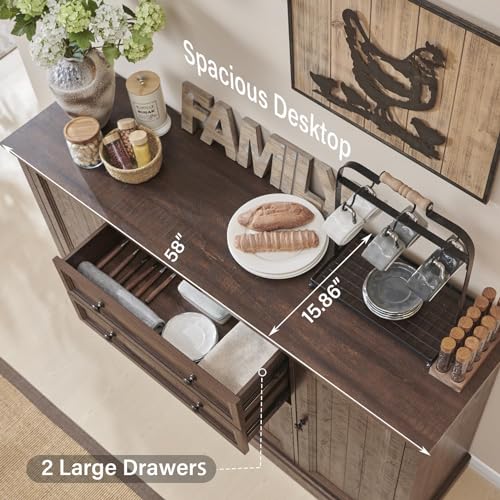 Farmhouse 58" Buffet Cabinet with Storage, 34" Tall Coffee Bar Cabinet, Brown V8629