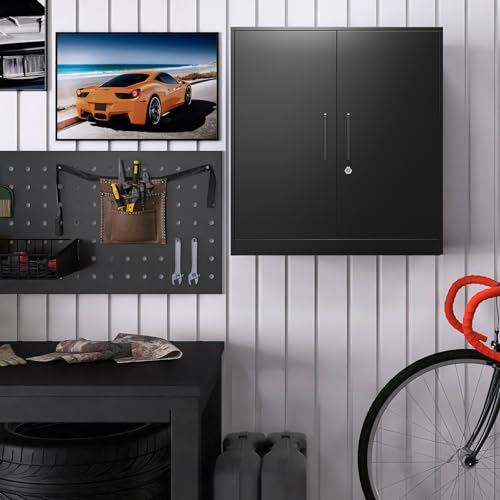 Metal Wall Cabinet with 2 Doors and Lock, 27.95" H, Black & Grey M850649