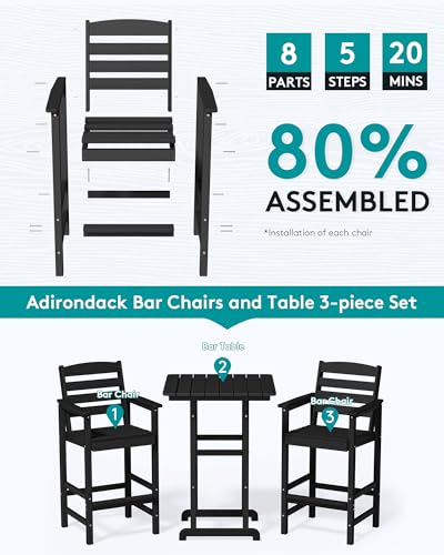 SERWALL 5 Pieces Adirondack Bar Chairs Set with Bar Pub Table, Outdoor Patio Furniture, Black M46444