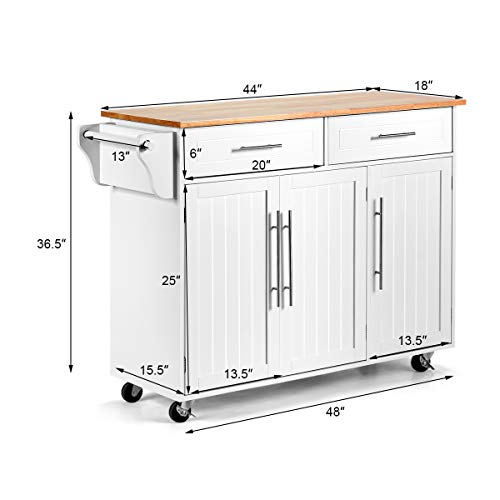 Giantex Kitchen Island Cart with Lockable Castors, 2 Drawers, 3 Door Cabinet, White F858