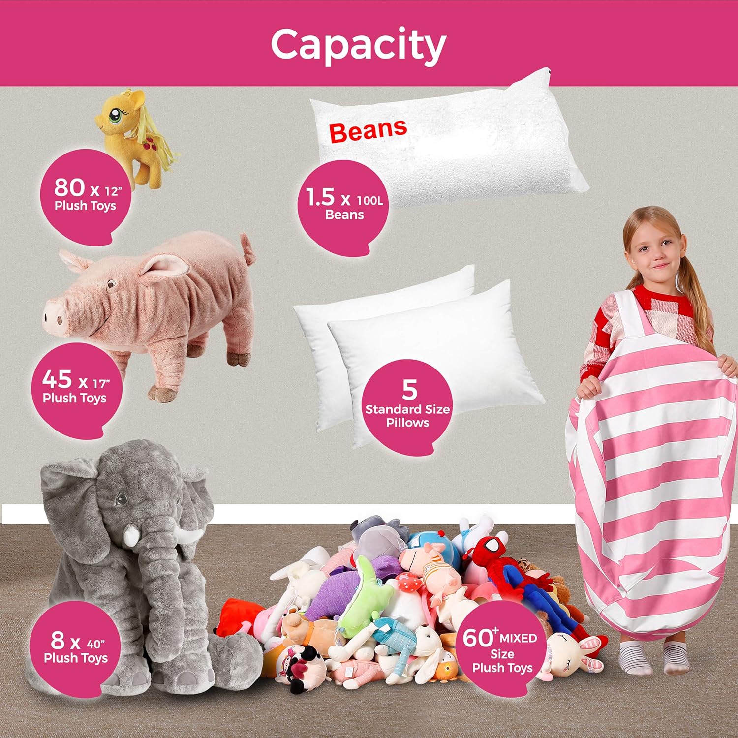 Aubliss Stuffed Animal Bean Bag Storage Chair, Canvas Stripes Pink/White, Medium 32" H473500