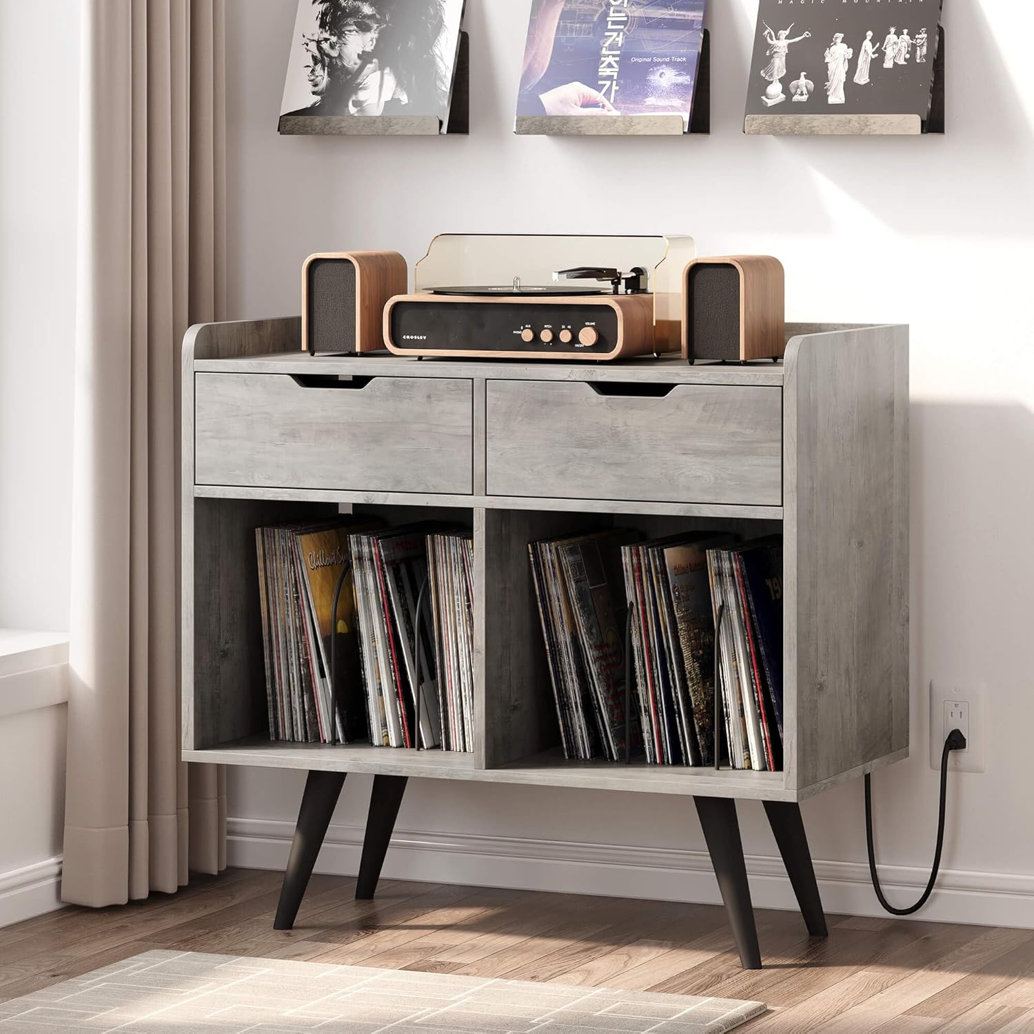 Record Player Stand with Storage, Farmhouse Turntable Cabinet, Gray S683