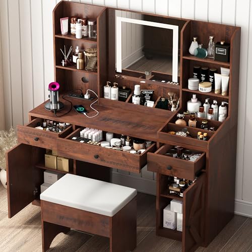 Farmhouse Vanity Desk with Outlet & Stool, White LED Makeup Vanity Set J721107