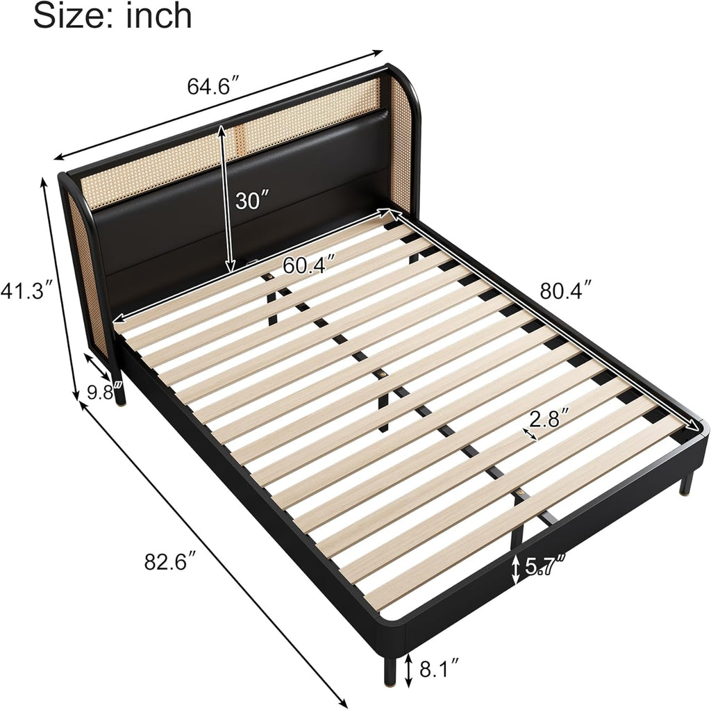 Rattan Platform Bed Queen Size with Wingback Headboard, Wooden Slats V12100