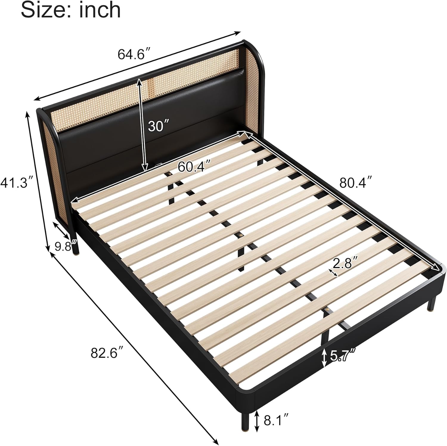 Rattan Platform Bed Queen Size with Wingback Headboard, Wooden Slats V12100
