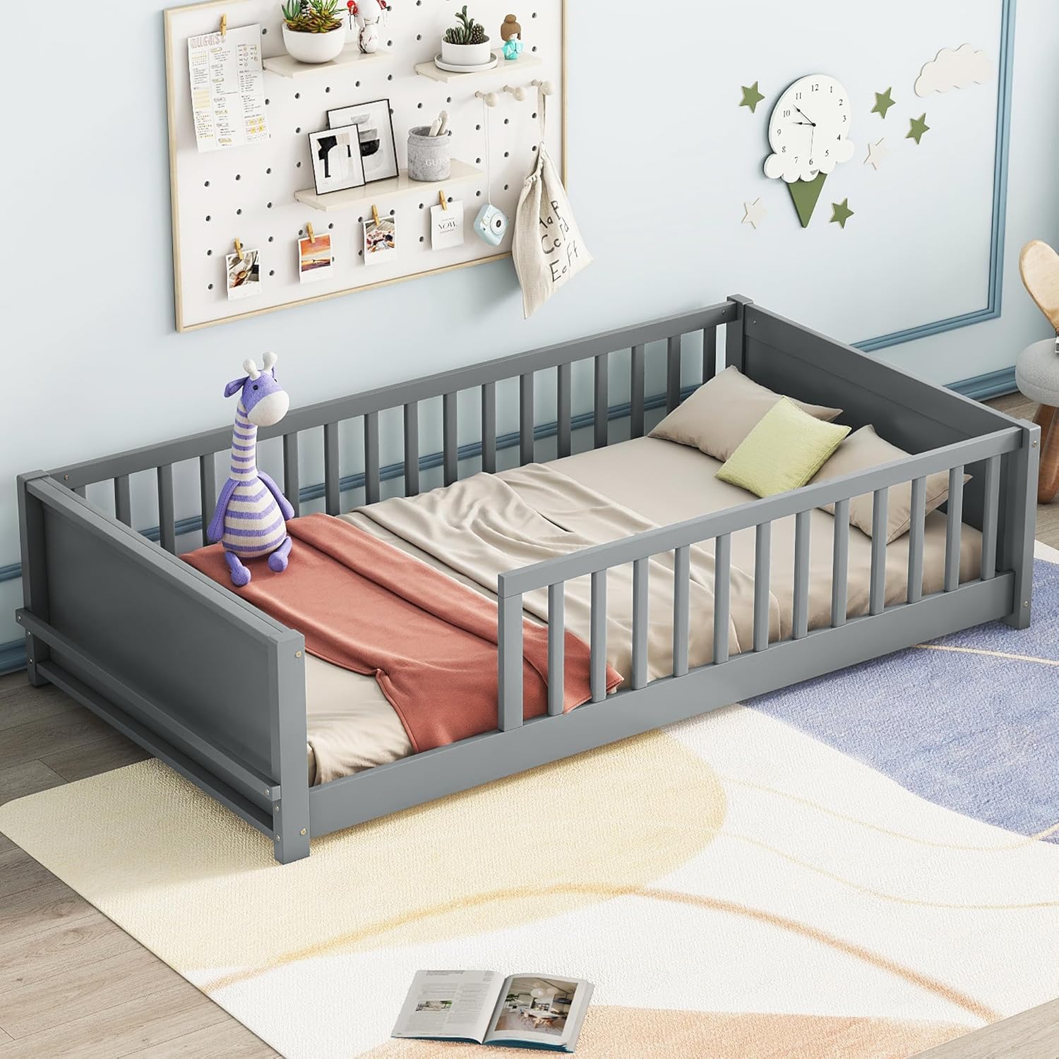 Montessori Floor Bed with Safety Guardrails and Slats, Twin Size Solid Pine Wood Floor Bed Frame, for Girls, Boys, Child Bedroom, Kids Playroom (Grey)