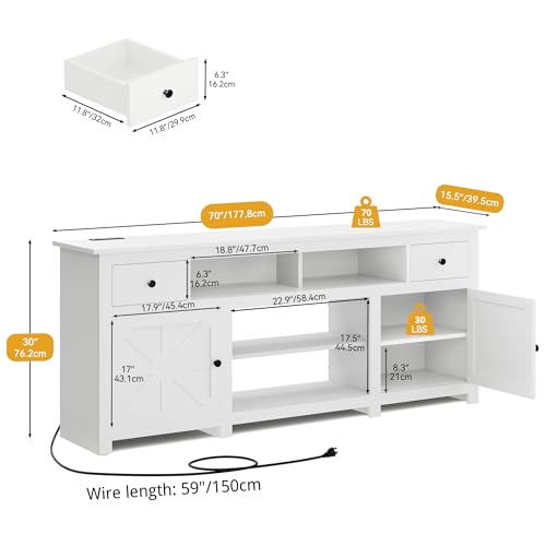 DWVO Farmhouse TV Stand with Power Outlet for TVs Up to 80 Inch, White P389