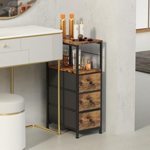 YBING Narrow Side Table with 3 Fabric Drawers, Black G2131