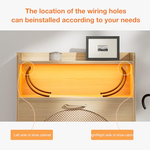 LED Rattan Shoe Storage Cabinet with 2 Flip Drawers, Narrow Wood for Entryway G427963