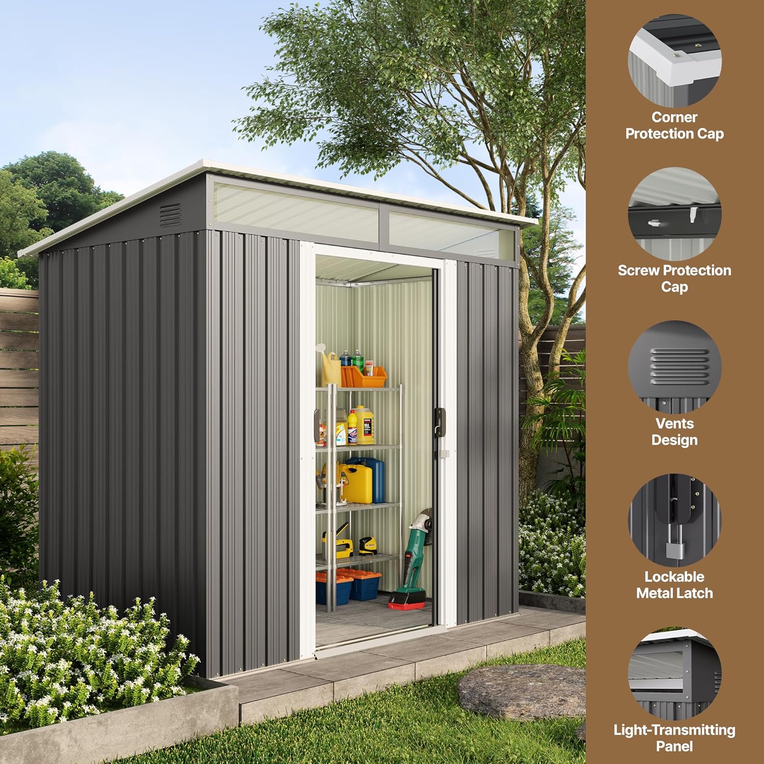 Gizoon 6' x 4' Outdoor Storage Shed with Sliding Doors, Metal with Anchors, Dark Gray C218669