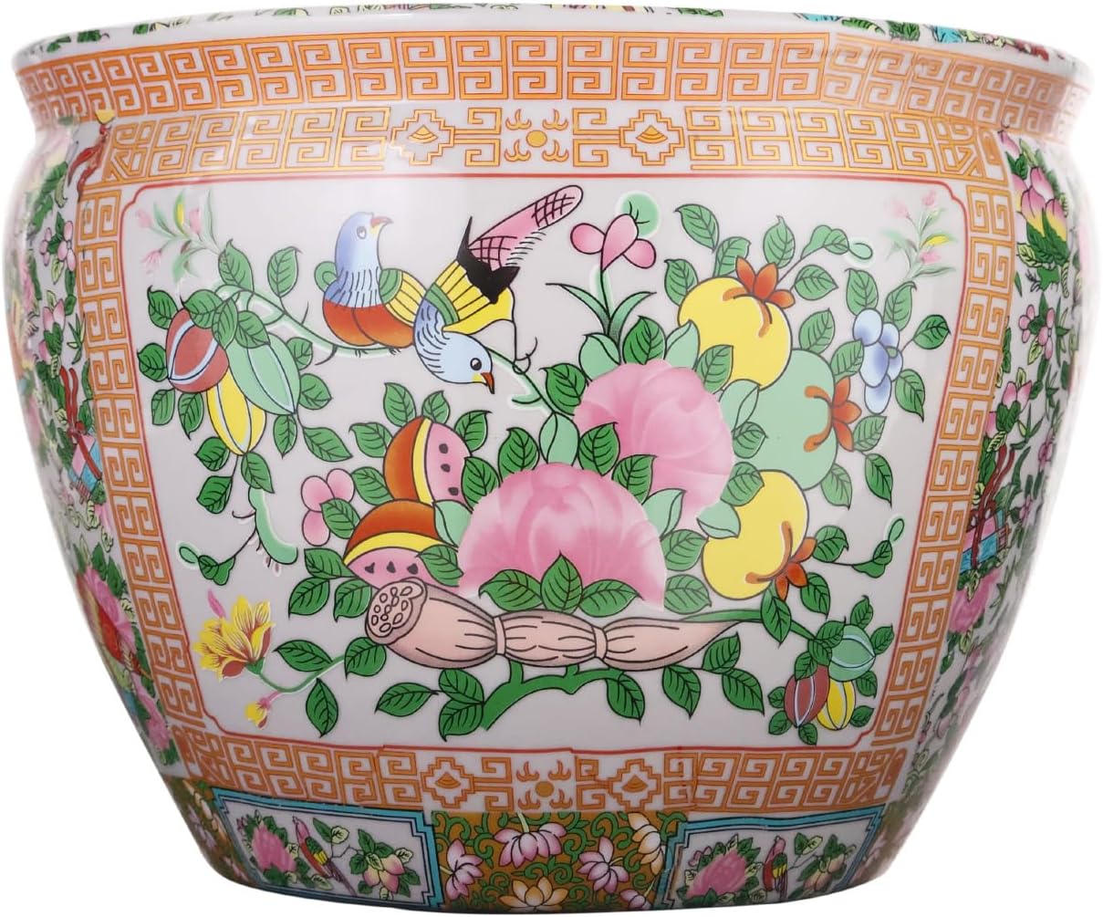Floral Asian Cachepot Planter with Rose Medallion Painting 10" O233