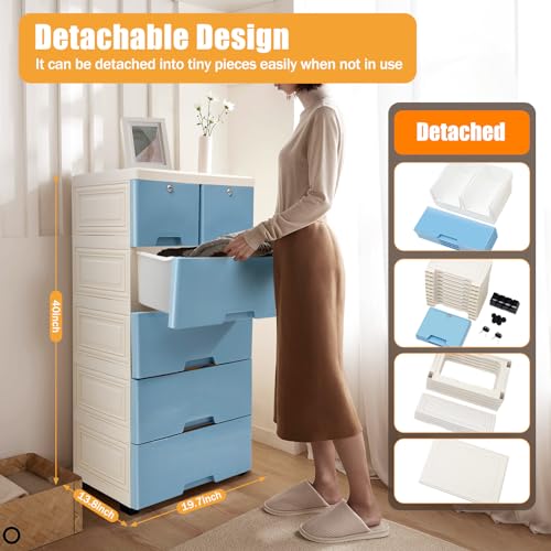 5 Tier Dresser Storage Cabinet with 6 Drawers, Wheels & Locks, Pink O181096