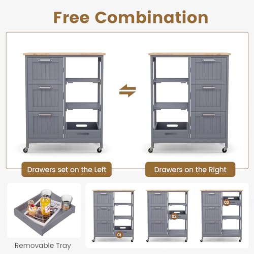 Kitchen Island Rolling Storage Cart with Drawers & Removable Tray S3893