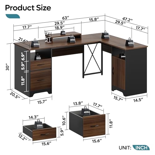 Bestier L Shaped Desk with File Drawers, 63" x 47" Office Computer Desk, Gray L48241