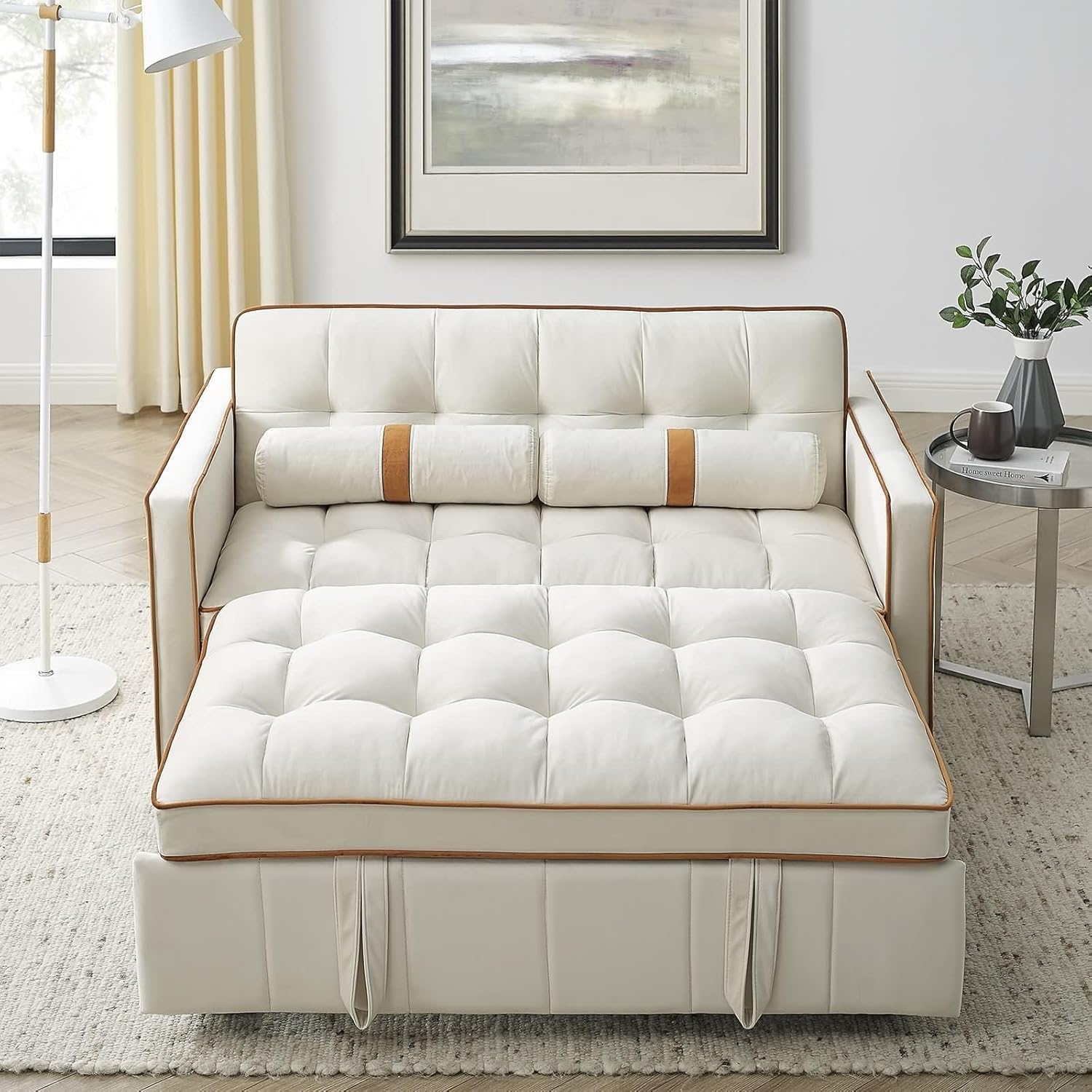 Modern 55.5" Pull Out Sleep Sofa Bed with Side Pockets, Beige K31338