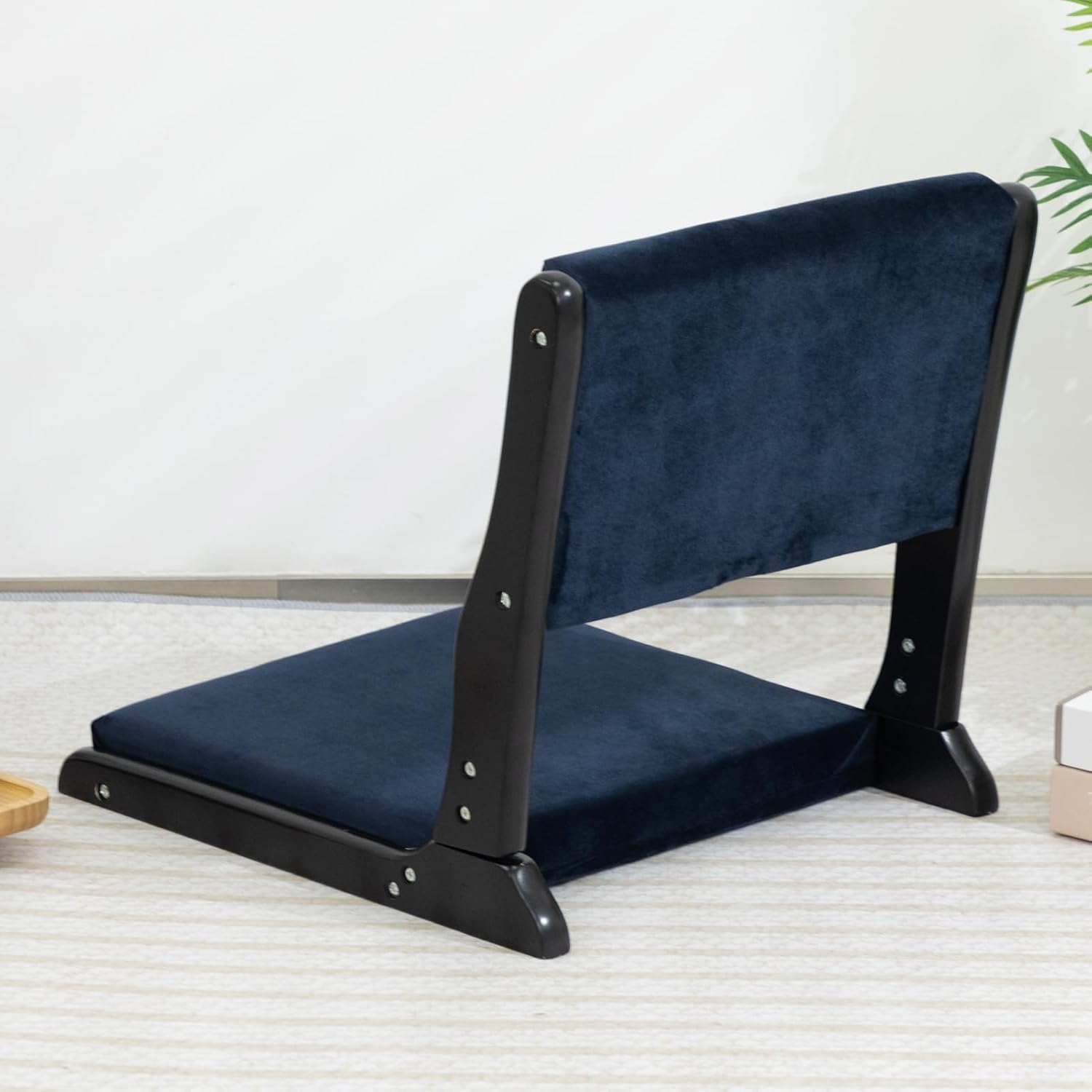 HollyHOME Foldable Tatami Chair, Japanese Style Floor Chair with Cushion, Dark Blue I895