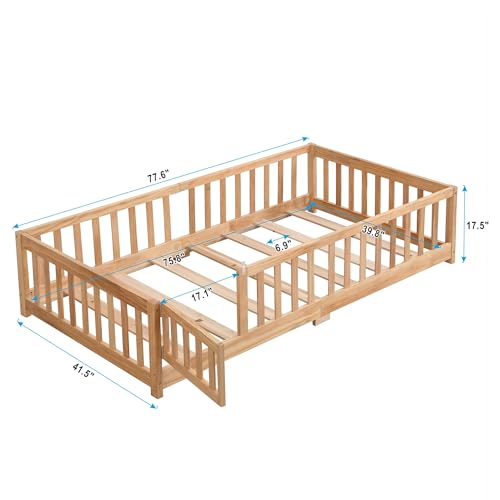 Twin Size Floor Bed with Door, Solid Wood Montessori Bed with Rails and Slats E36819