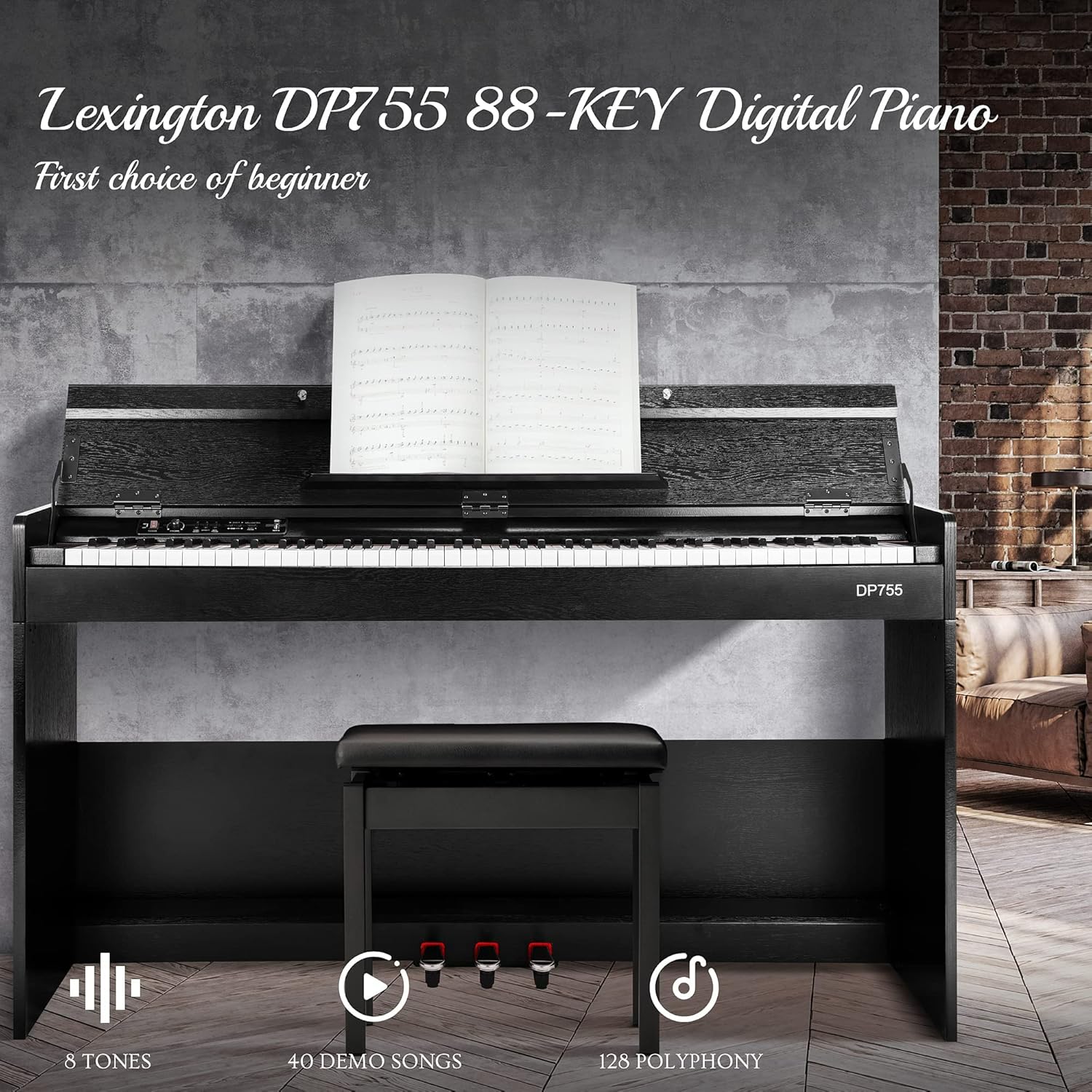 Lexington 88 Key Weighted Digital Piano with Hammer Action, Black Z626