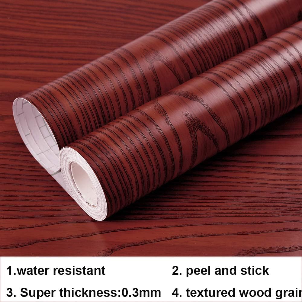 Faux Red Mahogany Wood Grain Contact Paper Peel and Stick Wallpaper 15.7x117 Inches P952049