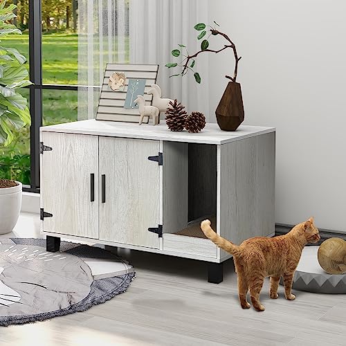 TaoHFE Litter Box Enclosure Cat Furniture with Scratch Pad (Pine) B593