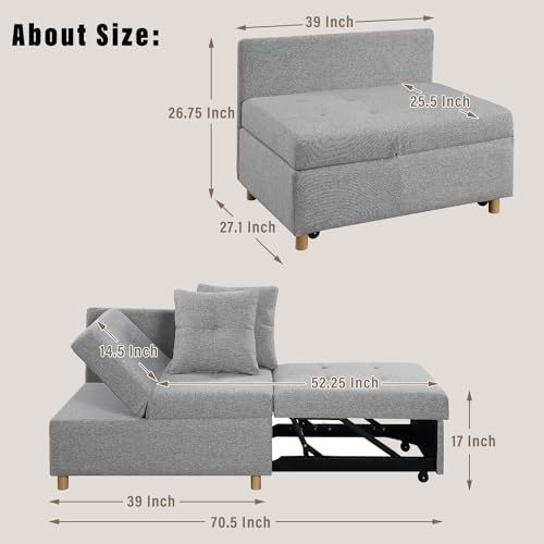 Pull Out Sleeper Sofa Bed Chair 4-in-1 Convertible, Linen Fabric Loveseat with 2 Throw Pillows, Light Gray B7065