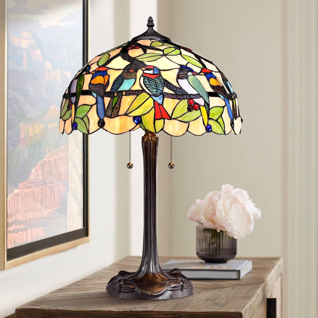 Robert Louis Tiffany Traditional Tiffany Style Table Lamp 24.75" Bronze Tropical Birds Stained Glass F3276