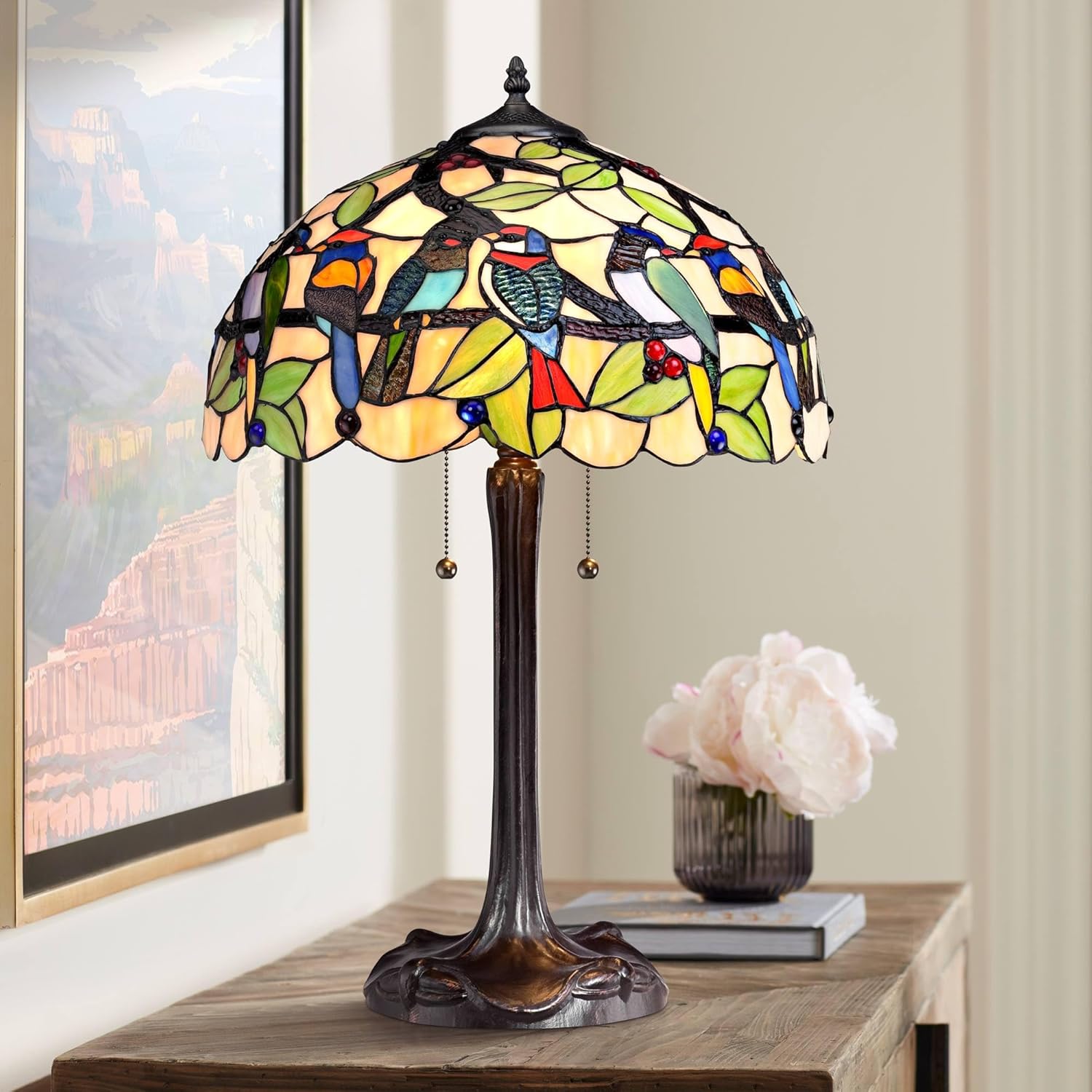 Robert Louis Tiffany Traditional Tiffany Style Table Lamp 24.75" Bronze Tropical Birds Stained Glass F3276
