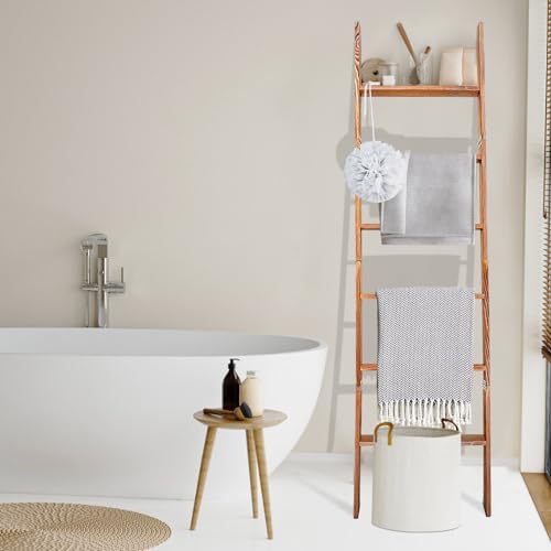 6-Tier Wooden Blanket Ladder with Anti-Slip, Rustic Farmhouse Towel Rack B2758