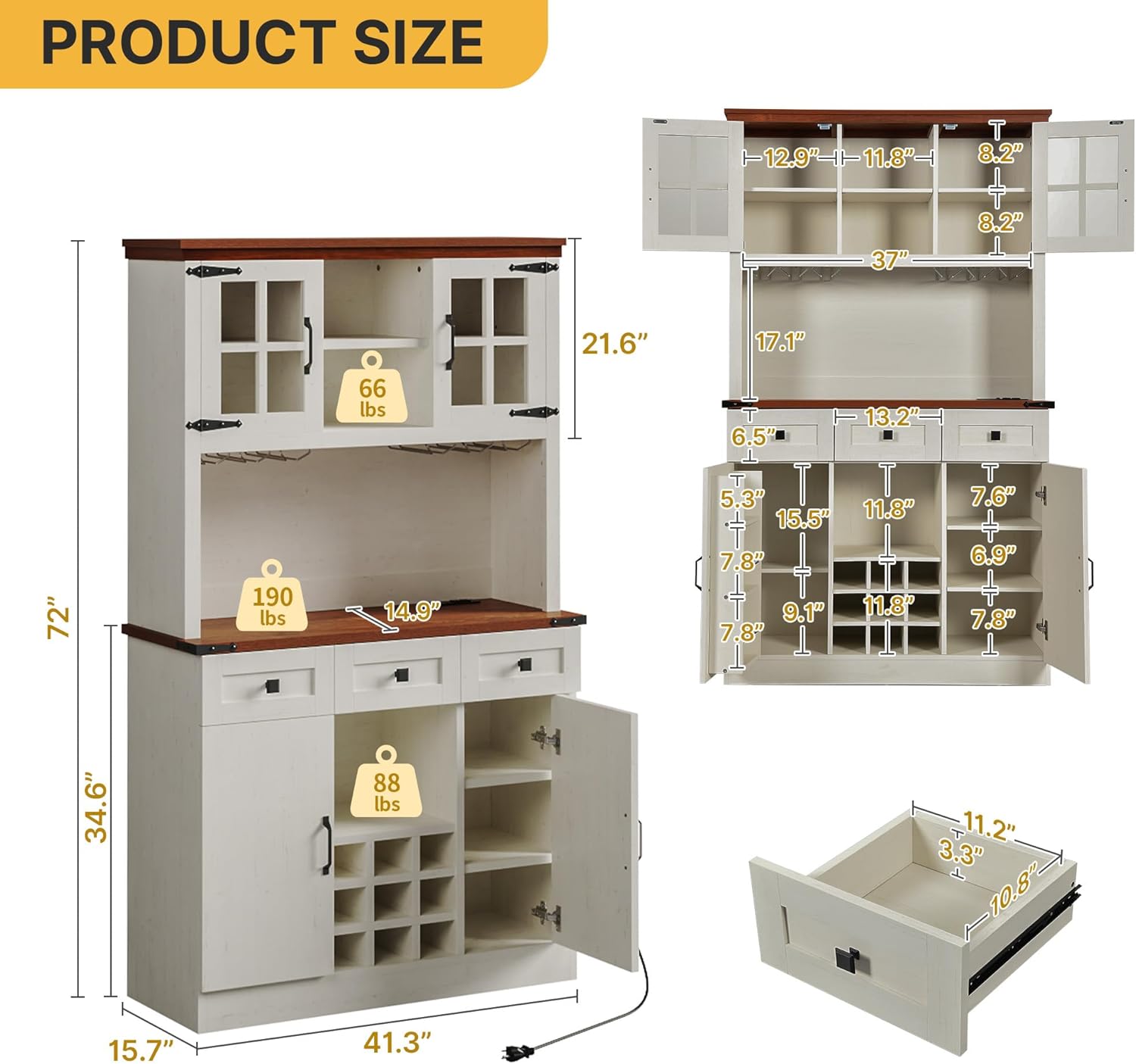 DWVO Farmhouse Kitchen Pantry Cabinet with Power Outlet, 72 Inch, Antique White I299