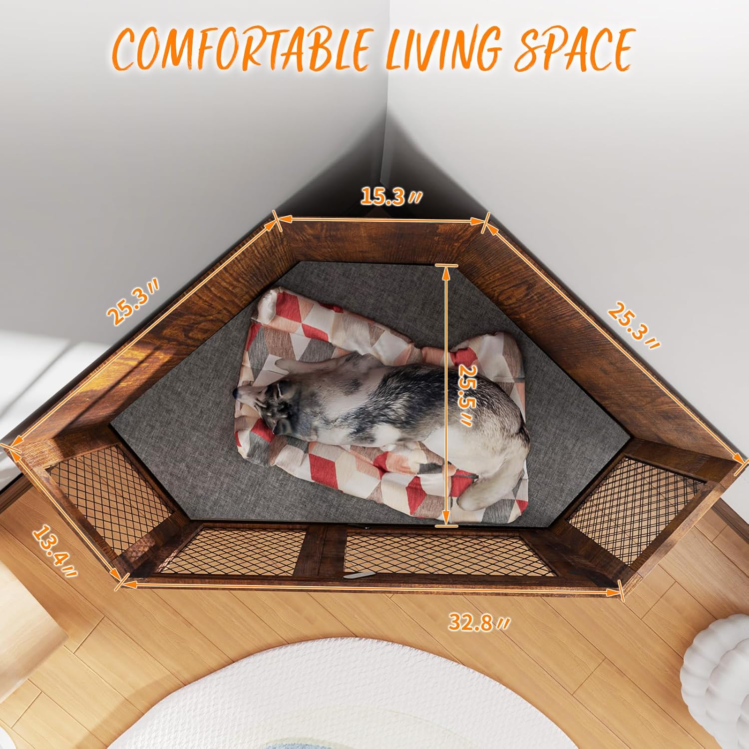 PUKAMI Corner Dog Crate Furniture 44/52 inch Wooden Dog Kennel with Mesh J532184