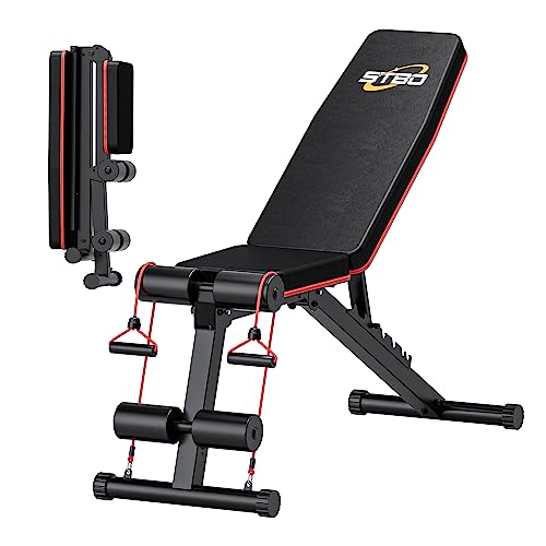 Adjustable Folding Weight Bench,Foldable Incline Decline Workout Bench Sit Up Bench with Resistance Band,Multifunctional Bench Home Gym Equipment for Full Body Workout