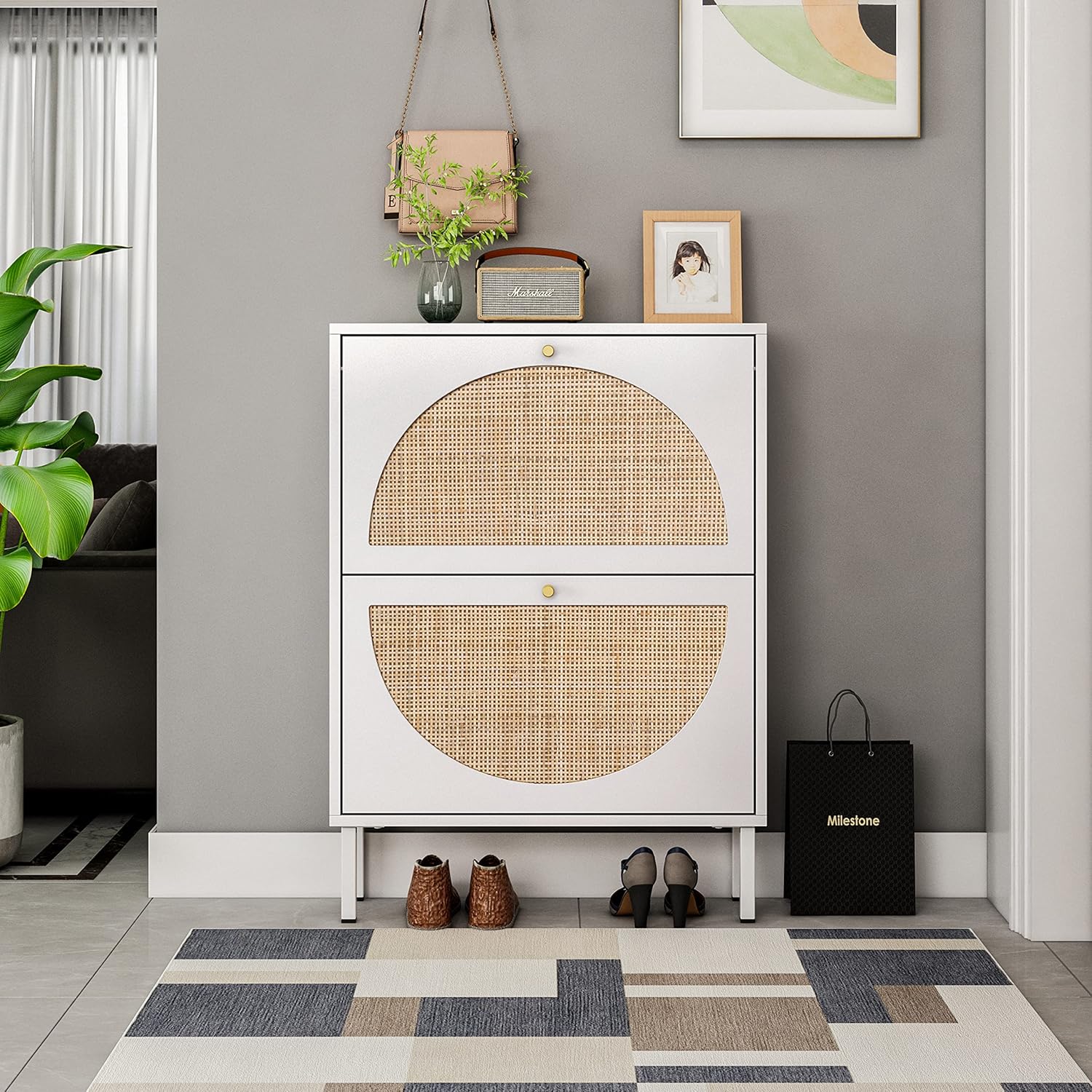 Rattan 2-Drawer Shoe Cabinet Freestanding Shoe Rack Organizer Wooden Entryway Narrow Storage White Y659194