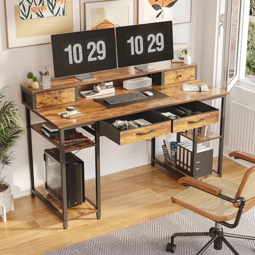 Treesland 55 Inch Computer Desk with Monitor Shelf and 4 Drawers, Brown H215288
