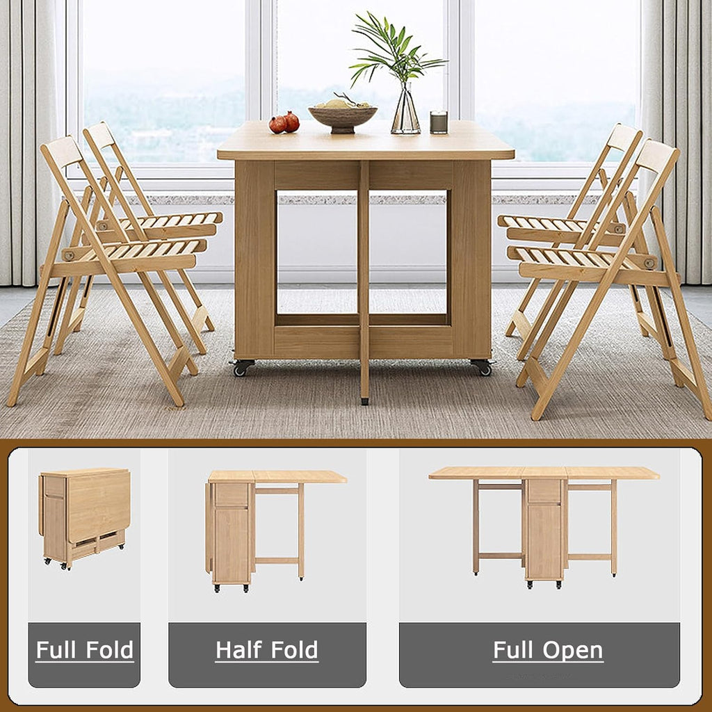 Folding Dining Table with 4 Chairs and Storage Drawers, Wood, with Wheels Z5281