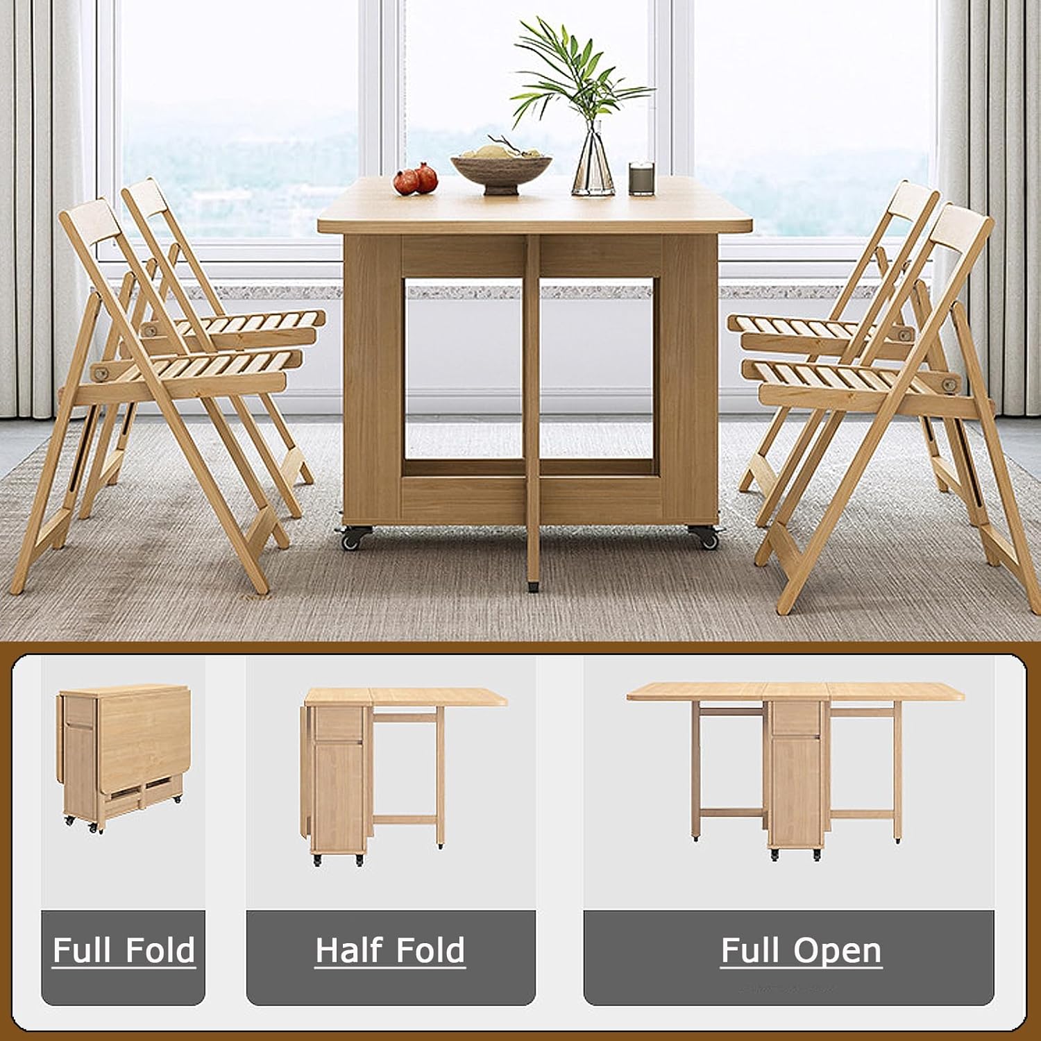 Folding Dining Table with 4 Chairs and Storage Drawers, Wood, with Wheels Z5281