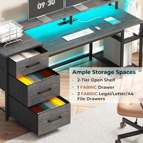 SEDETA 59" Office Desk with Drawers, LED Lights & Power Outlet, Black H1735