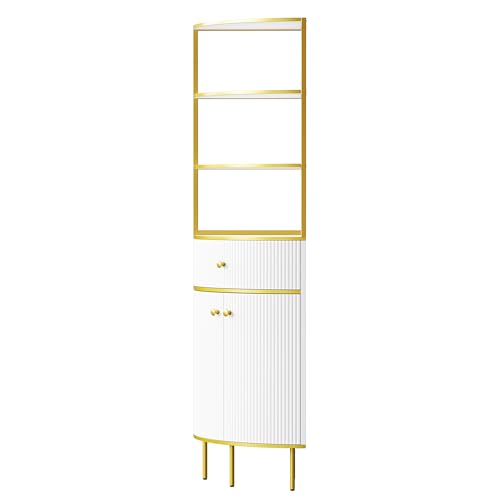 Modern Tall Corner Cabinet with Storage, White and Gold Metal Frame M43487