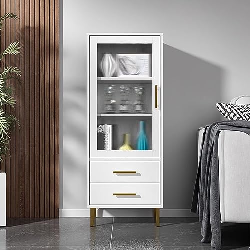 Tall Corner Cabinet with Glass Doors and 2 Drawer, White S71915