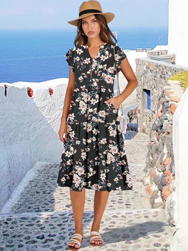 ANRABESS Women's Ruffle Sleeve V Neck Midi Dress Q760