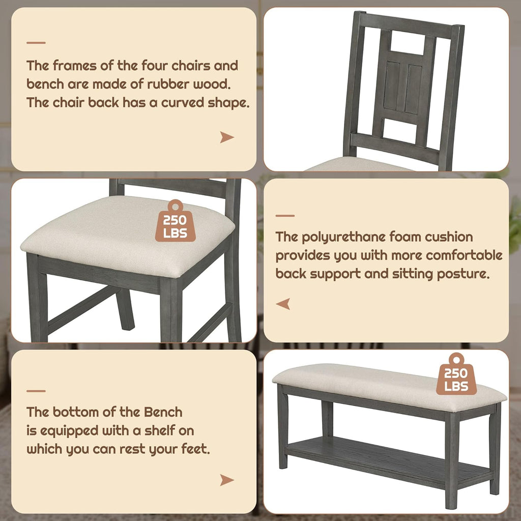 Retro 6-Piece Dining Table Set with 4 Upholstered Chairs and Bench, Solid Wood, Dark Gray Y1797