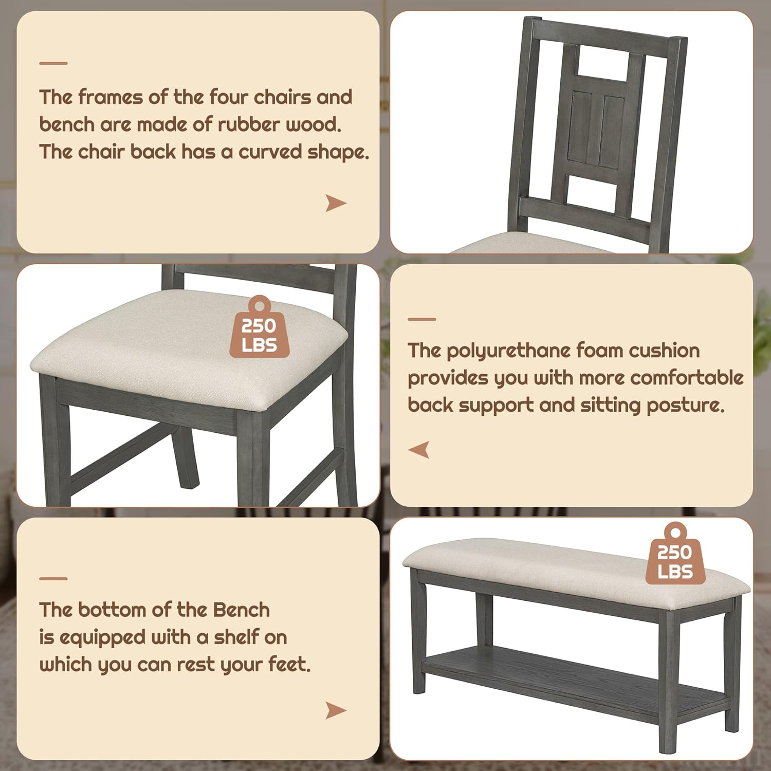Retro 6-Piece Dining Table Set with 4 Upholstered Chairs and Bench, Solid Wood, Dark Gray Y1797