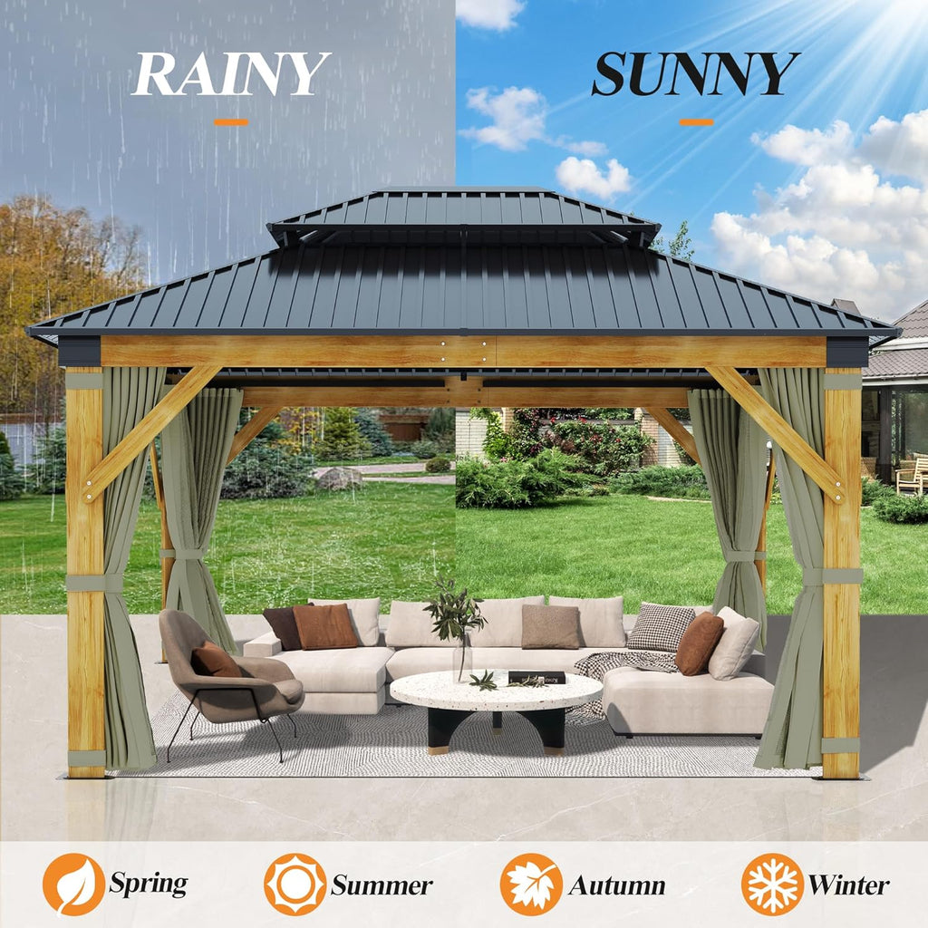 11'x13' Patio Wooden Gazebo with Galvanized Steel Roof and Olive Green Curtains U943705