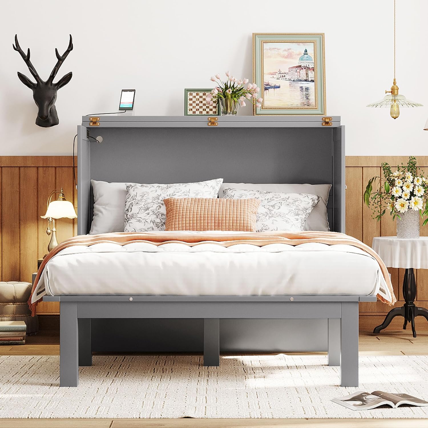 Murphy Bed,Full Size Murphy Wall Bed with Cabinet/USB Port,Removable Shelves,Space-Saving Folding Murphy Bed, Mobile Murphy Chest Bed for Multipurpose Guest Room or Home Office,Gray